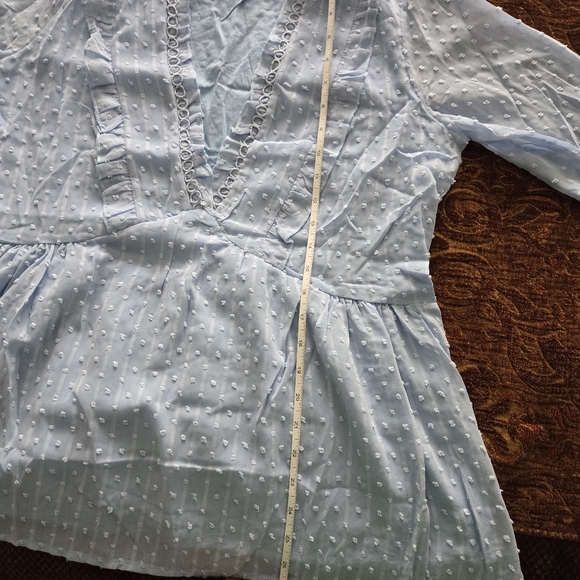 New Sky Blue Swiss Dot Chiffon V Neck Ruffle Blouse - Picture 9 of 10